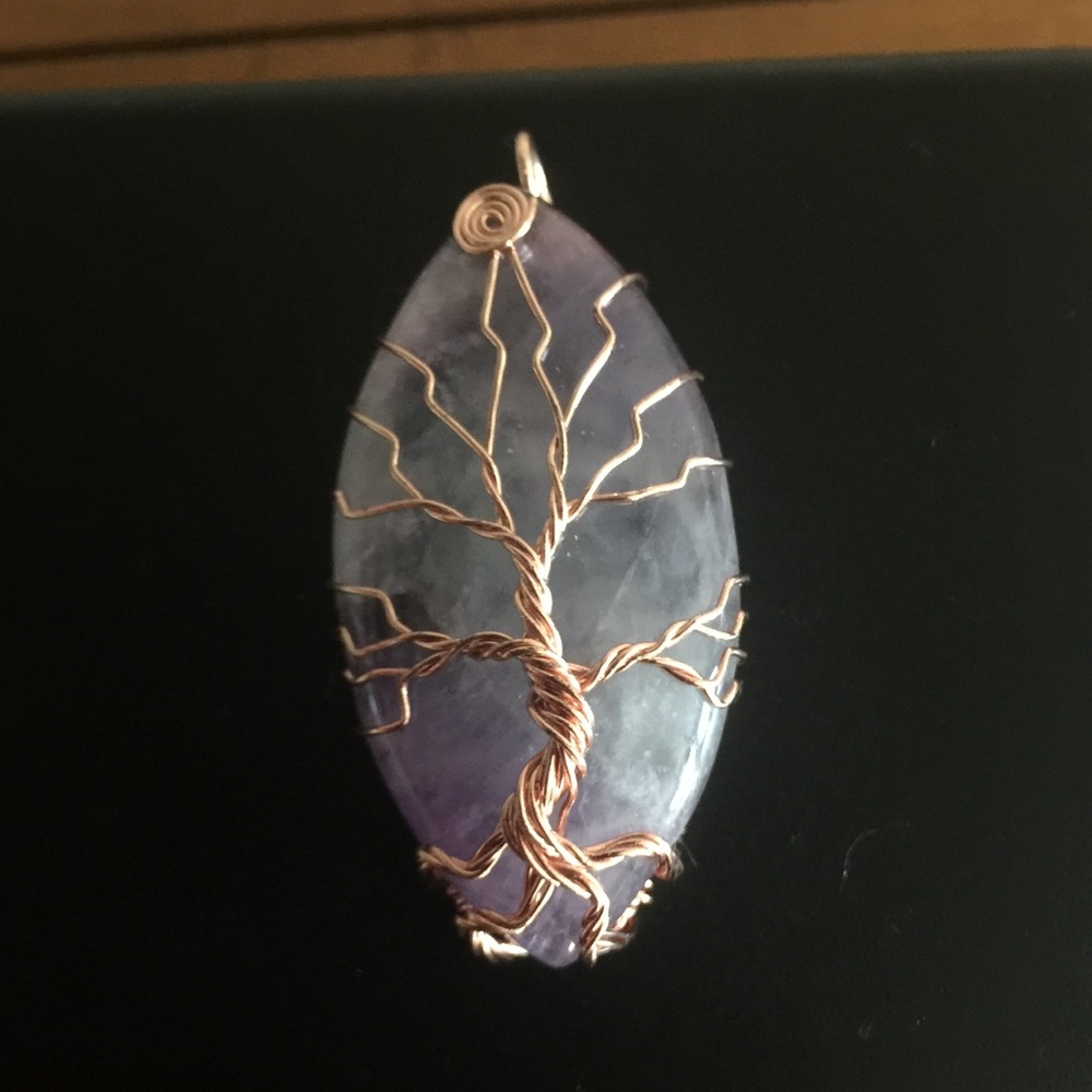 Real gemstone copper wrapped tree design pendant